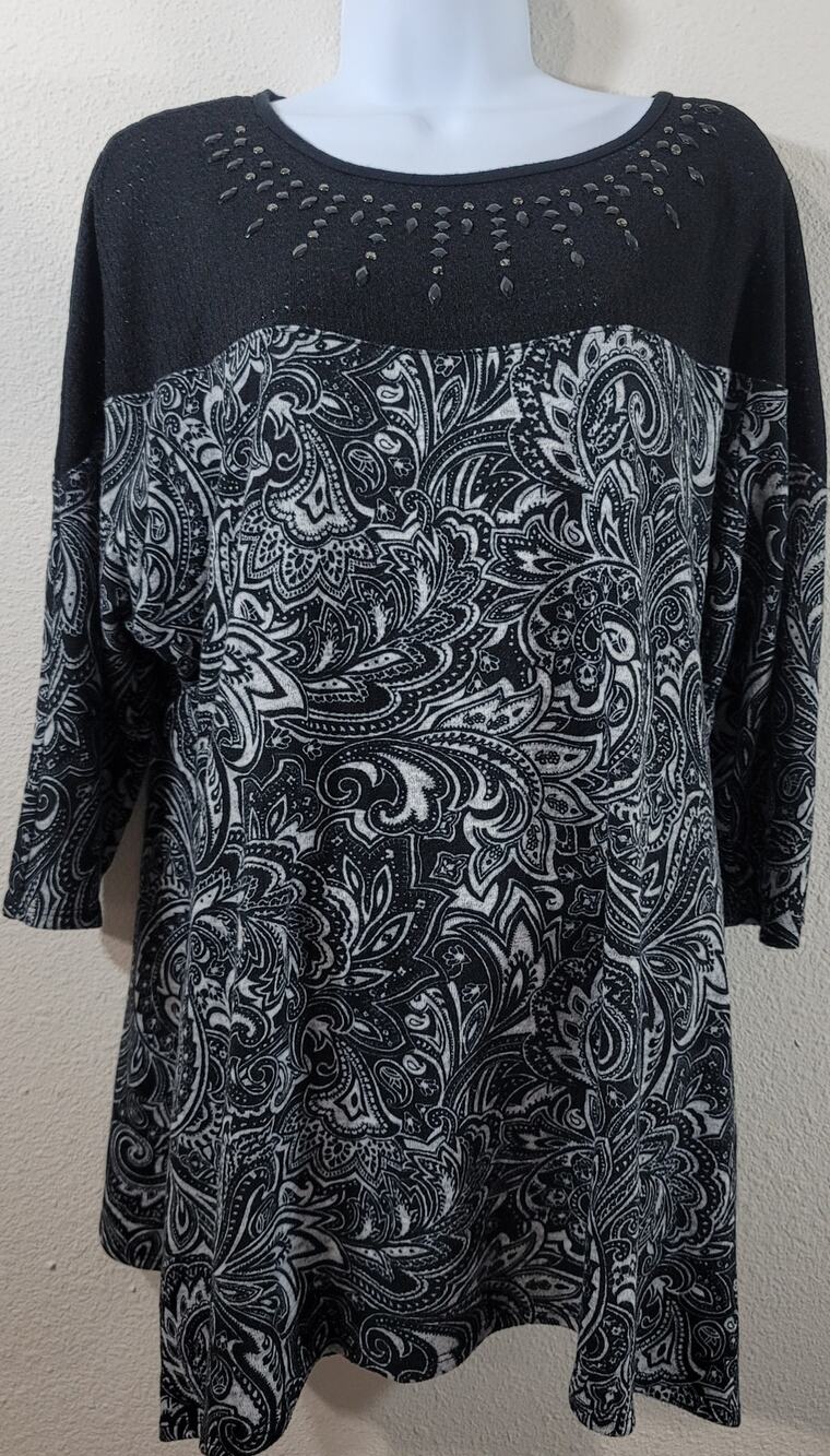 French Blue Woman Black White Rhinestones Top 1X Plus Lightweight Soft Stretchy